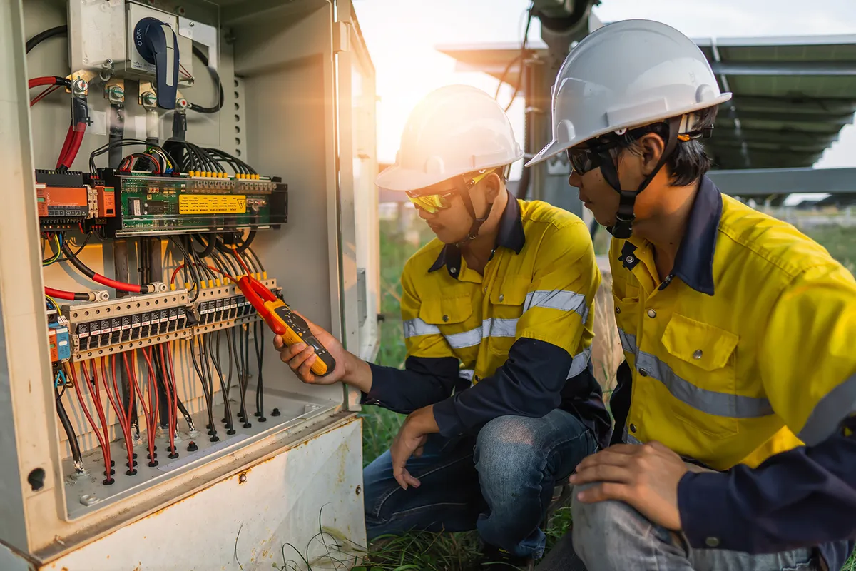 Arbeiter verwenden Zangenmessgeräte, um den Strom von elektrischen Leitungen zu messen, die aus Solarenergie erzeugt werden, um den normalen Strom zu bestätigen
