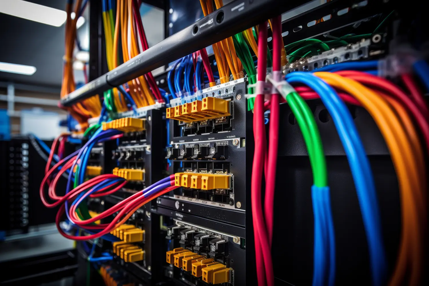 Detaillierte Perspektive eines systematisch angeordneten elektrischen Kabelbaums in einer industriellen Umgebung